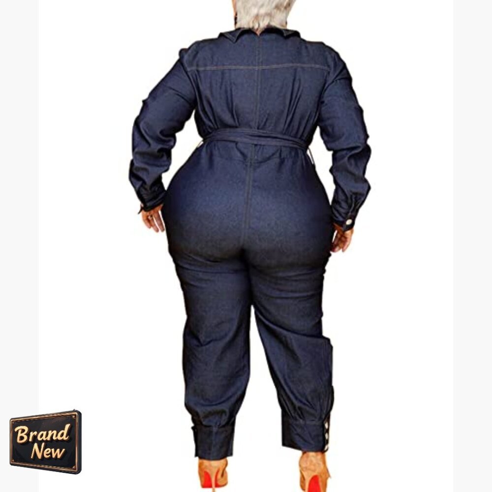 Plus Size Denim Jumpsuit Long Sleeve Button Down Overalls Casual Wear - Picture 3 of 6